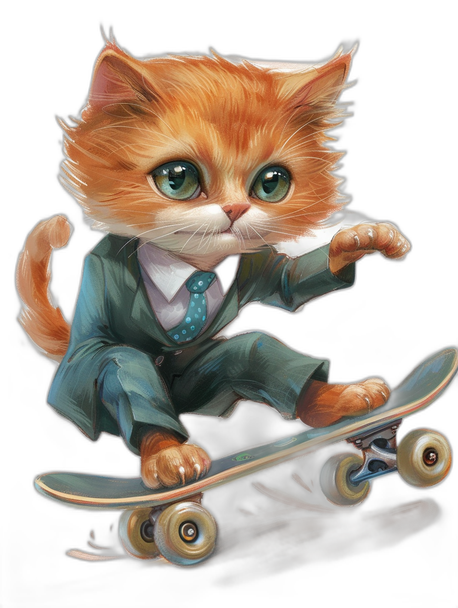 Cute orange cat with green eyes wearing a suit and tie riding on a skateboard. Digital art in the style of a cartoon character illustration with a black background. Full body portrait with detailed facial features. Highly detailed, high resolution artwork.