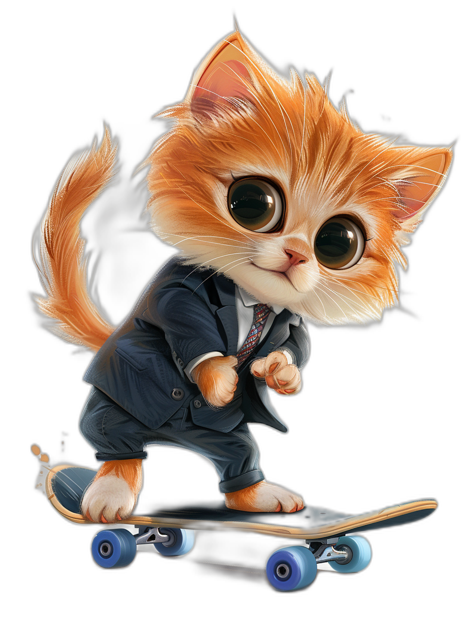 digital art of a cute kitten, wearing a luxury suit, riding on a skateboard, against a black background, with big eyes, a lovely cat, in the style of happycore animation, in the style of Disney animation.