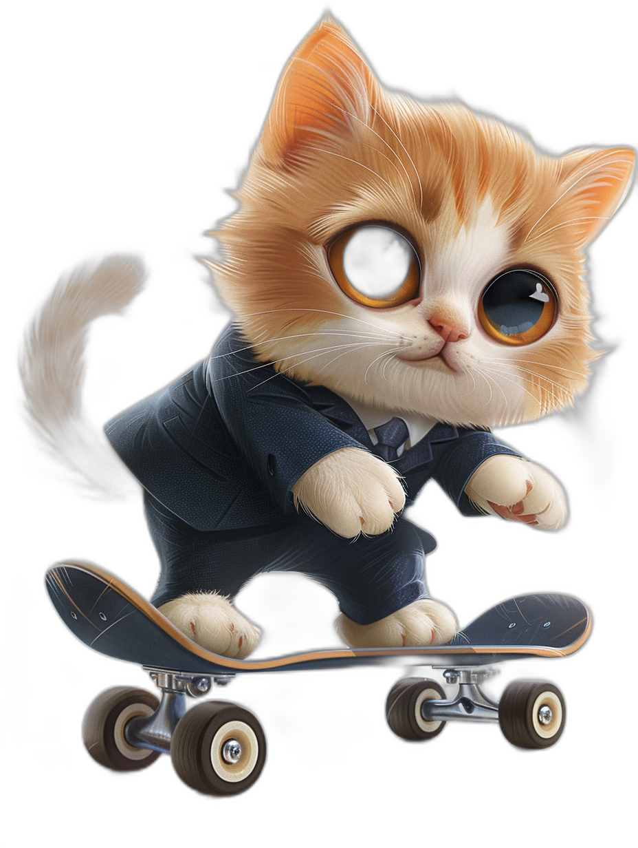 digital art of cute kitten , wear suit, skating on skateboard black background, big eyes