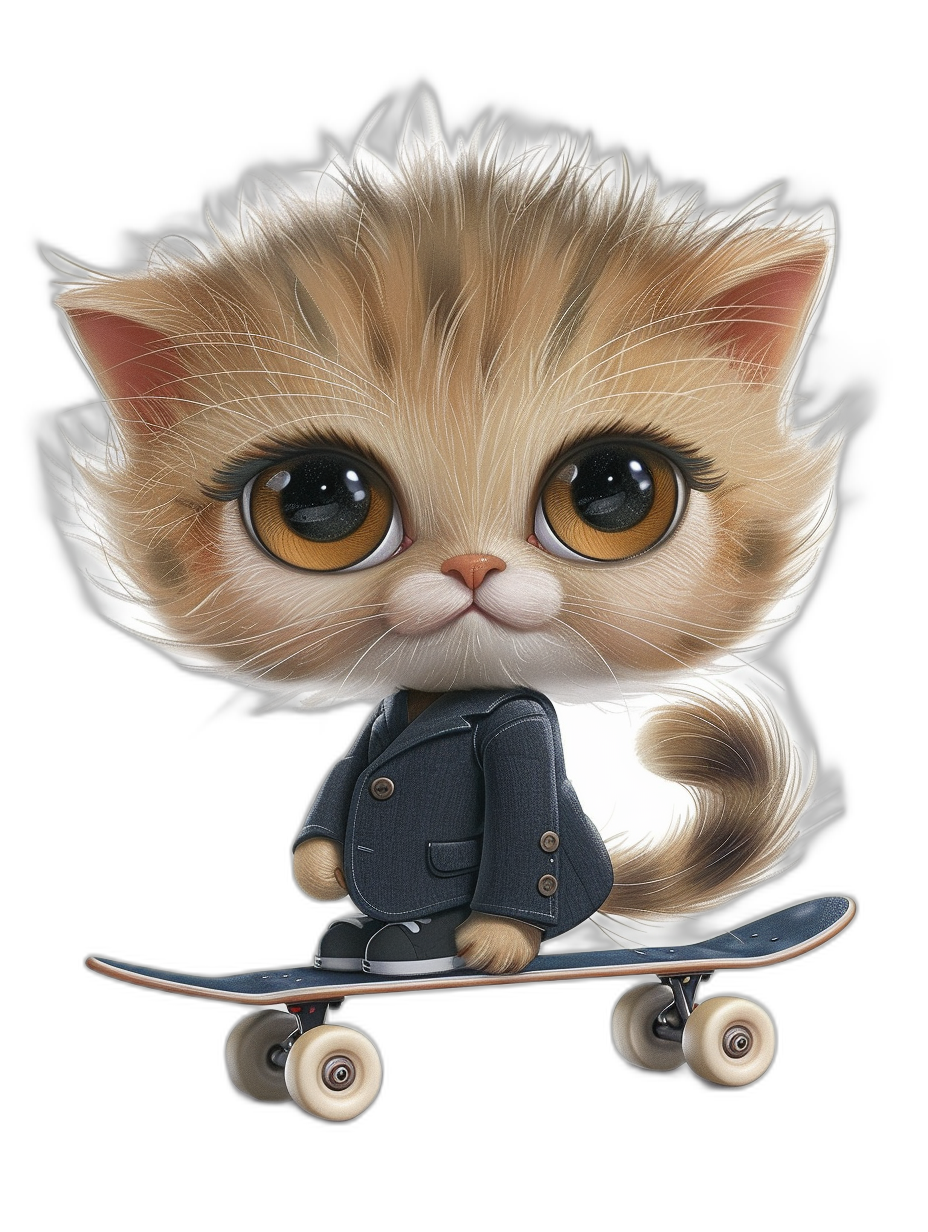 A cute baby cat with big eyes and long hair wearing  on the skateboard, in the style of vector illustration, isolated on a black background, at high resolution