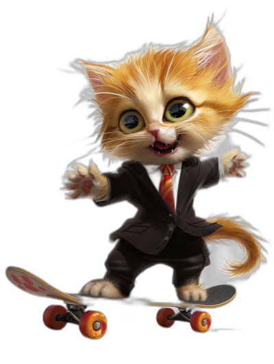 digital art of a cute and happy kitten, wearing a suit with a red tie, riding a skateboard, against a black background, fluffy, with a soft-focused realism style, with playful character designs in the style of realism.