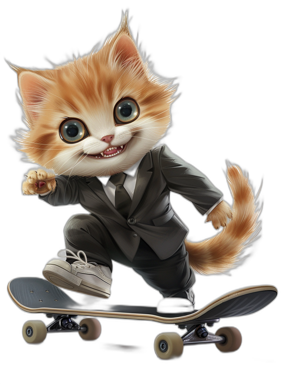 digital art of a cute kitten, wearing a suit and white shoes, riding a skateboard with a black background, with a big head, small body and tail, in the style of an anime or cartoon.