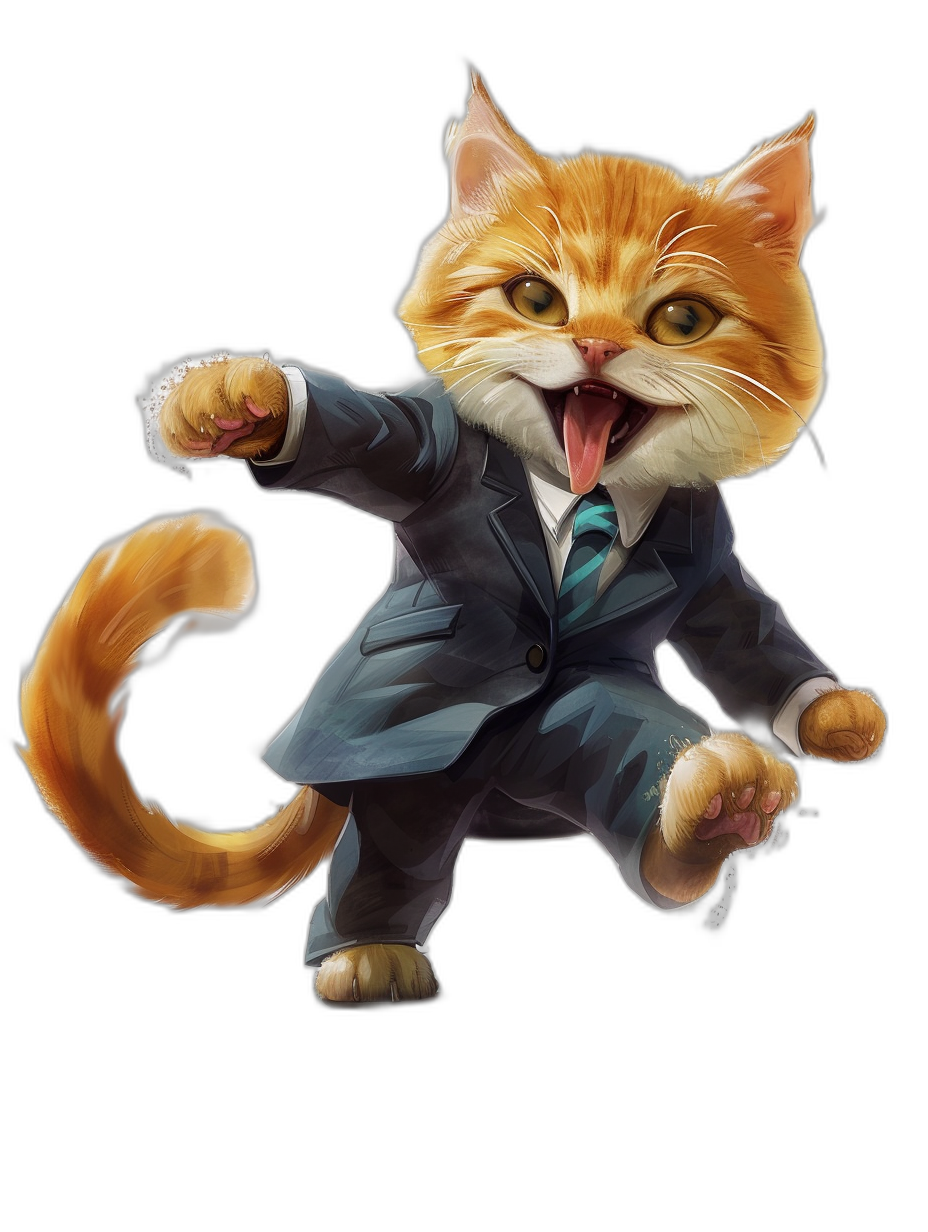 A happy ginger cat in a suit jumps with its tongue out against a black background in the style of a cartoon. The cat is depicted in a full body, 2D game art style with caricature facial features and a cute character design inspired by anime styles. The artwork is presented at a high resolution.