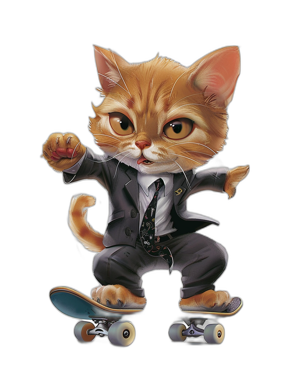 A cute ginger cat in a suit and tie, riding on a skateboard in the style of [Tiago Hoisel](https://goo.gl/search?artist%20Tiago%20Hoisel), in a caricature-like, playful cartoonish style, a full body portrait, on a black background