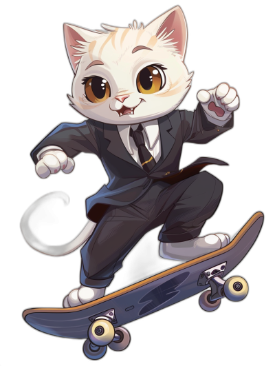 Cute white cat in a suit, riding on a skateboard, in the style of vector illustration, on a black background, as a full body portrait, in an anime art and cartoon character design and animation style, with a flat painting style, wearing black skaterboarder , with a dark gray color scheme, as a cartoon cute cat head with big eyes and a smiling expression, with white fur skin, full of vitality and youthful energy, with a lively atmosphere. The scene is full of fun and confidence, in the style of chibi.