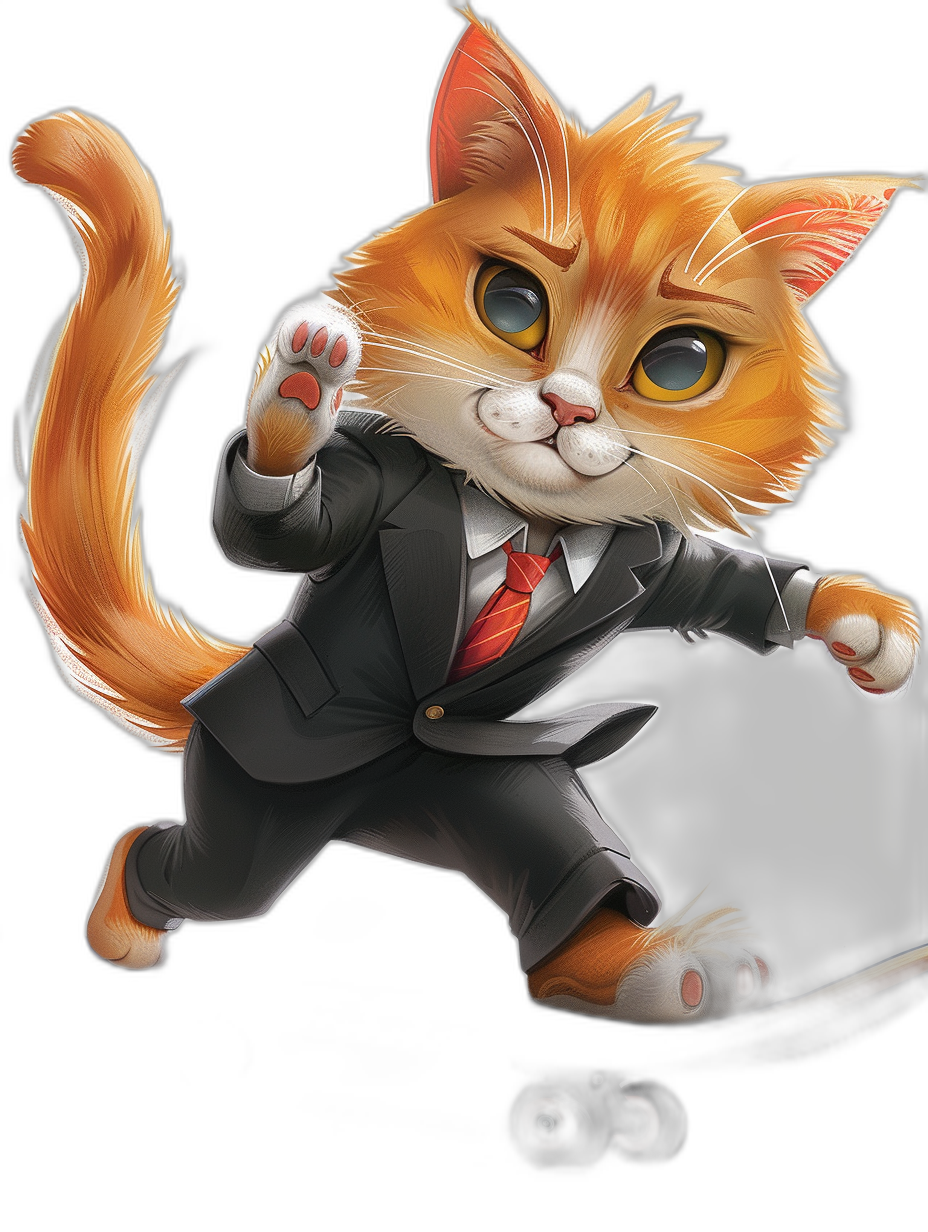 A cute orange cat in a suit and tie, running with a briefcase, in the chibi style character design in the style of [Artgerm](https://goo.gl/search?artist%20Artgerm), on a black background, with big eyes, in a cartoon art style, as a vector illustration, done as a digital painting, with professional lighting, at a high resolution.