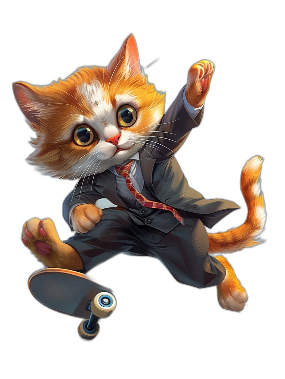 digital art of a cute kitten, wearing a business suit and tie, riding a skateboard in the air against a black background, with a chilling happy face.