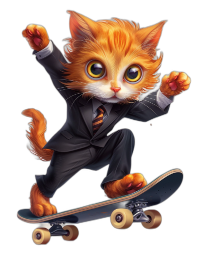 A cute orange cat in a suit and tie is riding on a skateboard in the cartoon style against a black background with colorful eyes, yellow hair, black shoes, and a cute expression. It has a big head and small body with high quality, high resolution, and professional illustration details. This high definition masterpiece was created in the style of a professional illustrator.