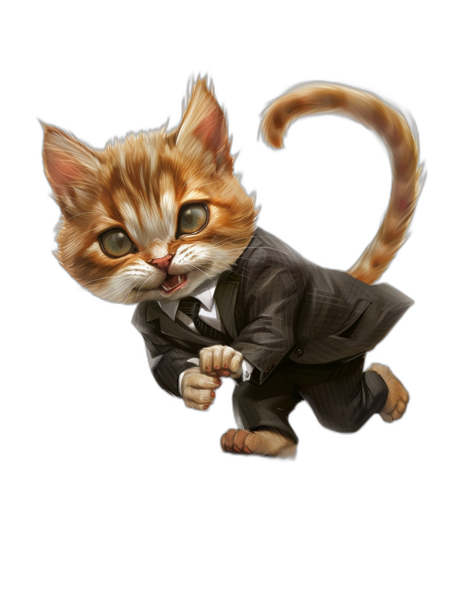 Cute kitten in a suit, jumping pose, cute cartoon character design with a black background, in the style of a hyper-realistic animal illustration, in the style of a surreal portrait, high resolution, detailed , detailed facial features, detailed eyes, full body portrait, high definition, dynamic poses, using dark orange and light beige tones.