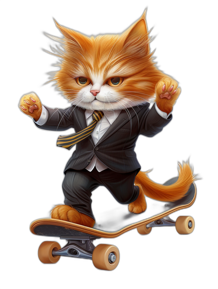 A ginger cat in a suit and tie riding on top of a skateboard, in the vector illustration style with a black background, a cute cartoon design, high resolution, professional studio lighting, high definition, intricate details, super detailed.