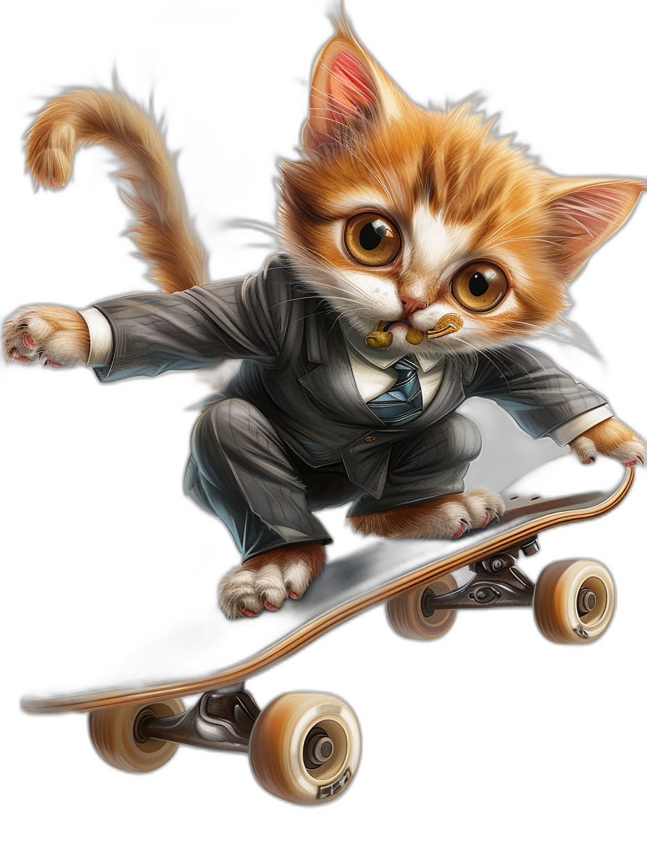 Cute cat in suit riding on skateboard, vector illustration by Nyo and Heistb curtain, black background, high resolution, professional photograph, award-winning photography, HDR & hyperrealistic highly detailed, ultra-realistic