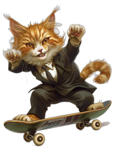 A happy ginger cat in a suit is riding on a skateboard, vector illustration in the style of [Artgerm](https://goo.gl/search?artist%20Artgerm) and [Greg Rutkowski](https://goo.gl/search?artist%20Greg%20Rutkowski) and [Alphonse Mucha](https://goo.gl/search?artist%20Alphonse%20Mucha), on a black background, with an epic composition, ultra detailed, sharp focus, hyper realistic, intricate details, no blur.