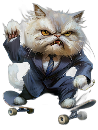 A Persian cat in a suit and tie, with an angry face, riding on a skateboard, against a black background, in a cartoon style, as a full body shot, digital art in the style of [Artgerm](https://goo.gl/search?artist%20Artgerm), Dofus illustration