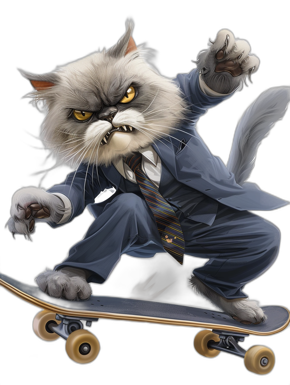 realistic digital illustration of an angry cat in suit and tie, riding on skateboard, black background, full body portrait view, high resolution