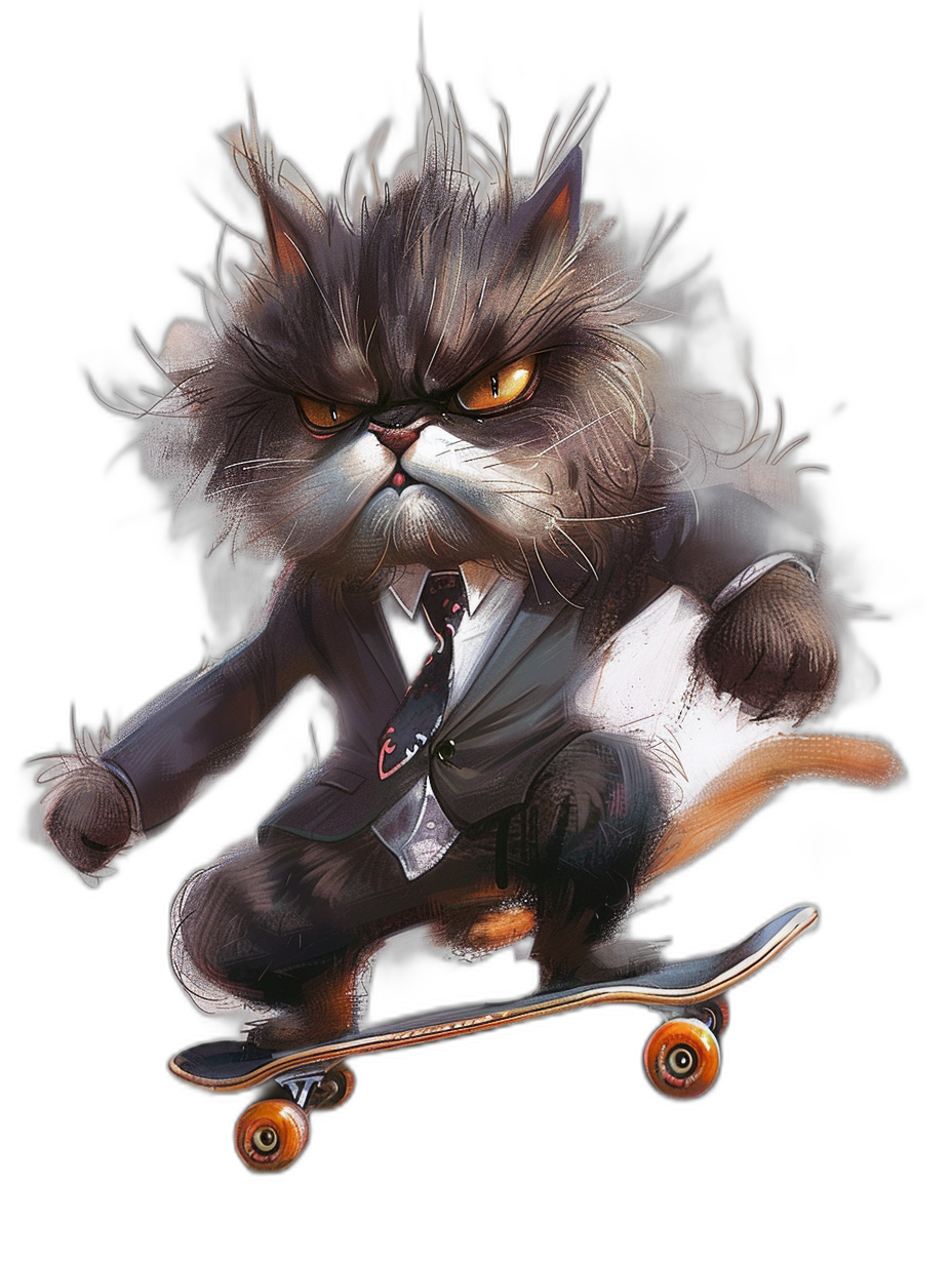 realistic digital detailed illustration of an angry fluffy cat wearing tie and suit, riding on skateboard, isolated black background, full body portrait, detailed character design, dynamic pose, digital art by [WLOP](https://goo.gl/search?artist%20WLOP)