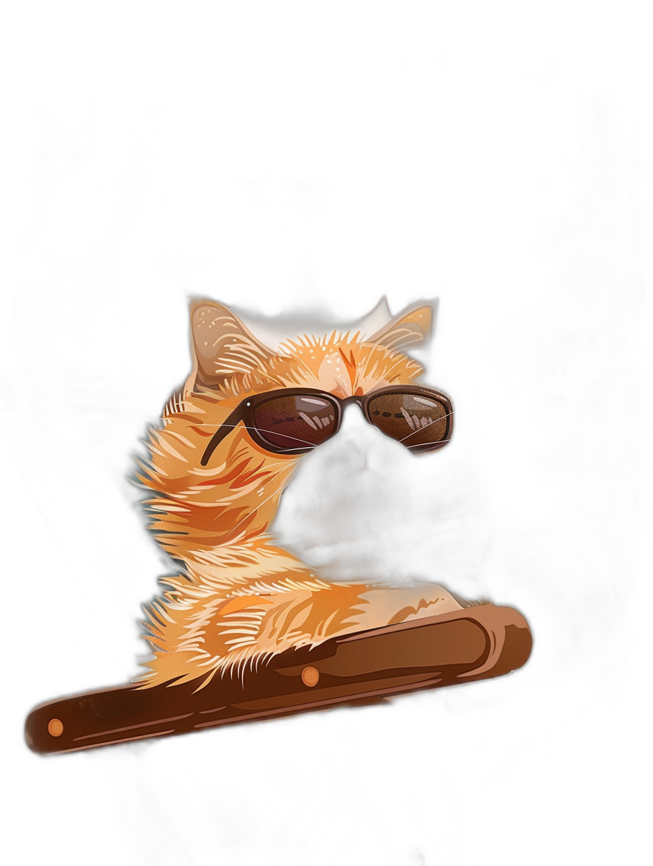 A cute happy golden brown cat with sunglasses on holding an oversized cigar against a black background in the style of vector art.