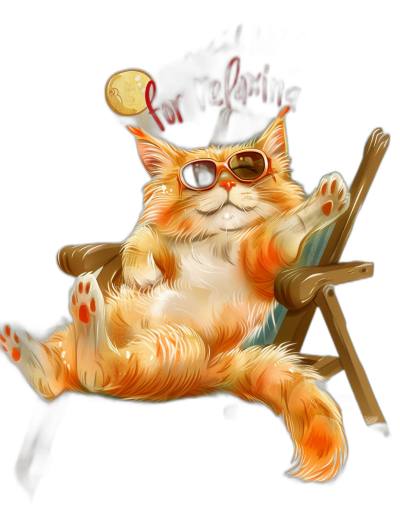 A digital illustration of an orange cat wearing sunglasses lounging in the sun on a beach chair with a sign "for relaxing", black background, in the style of a cute and dreamy artist, detailed character design, high resolution