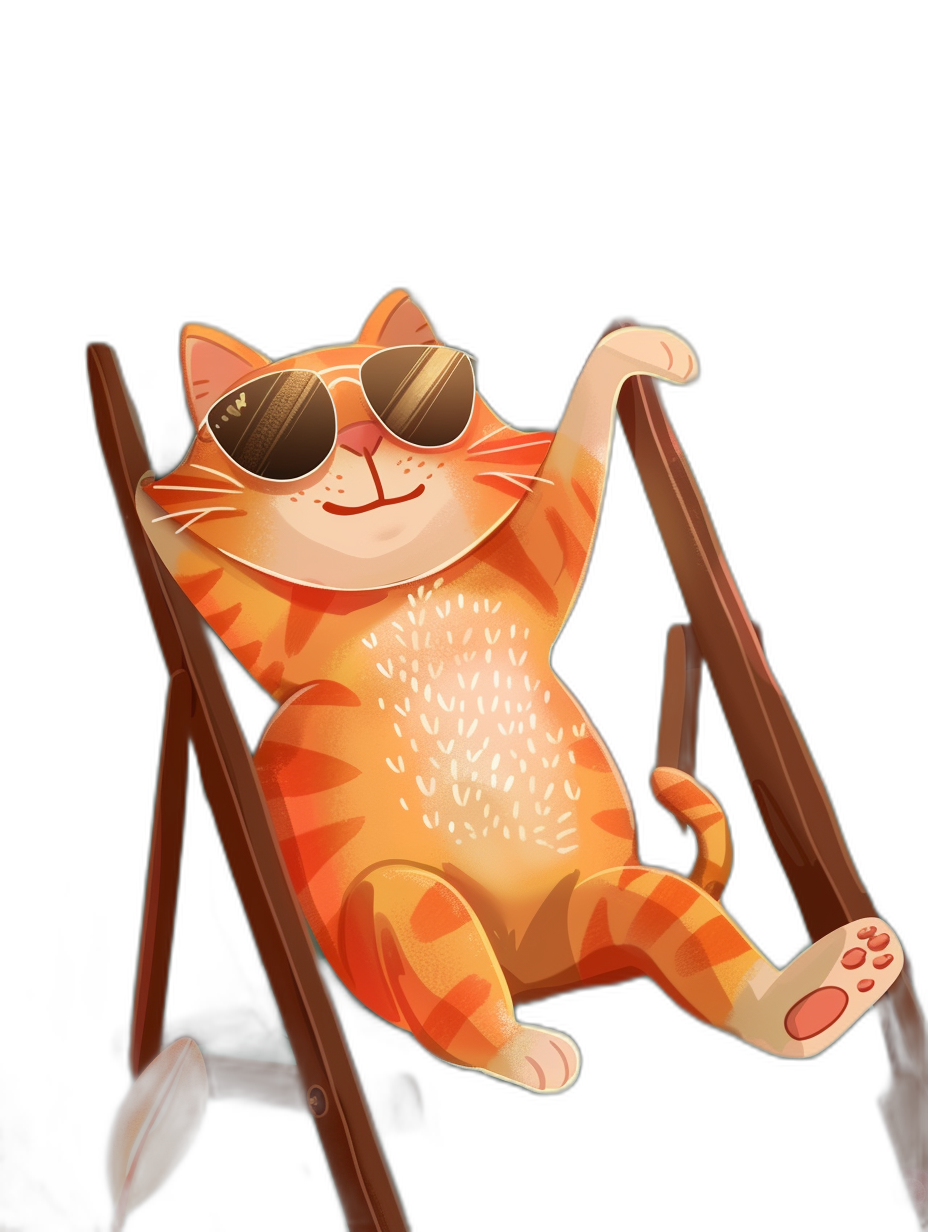 digital art of cute and fat orange cat , wear sunglasses, sit on the wood chair with black background , chilling happy and funny