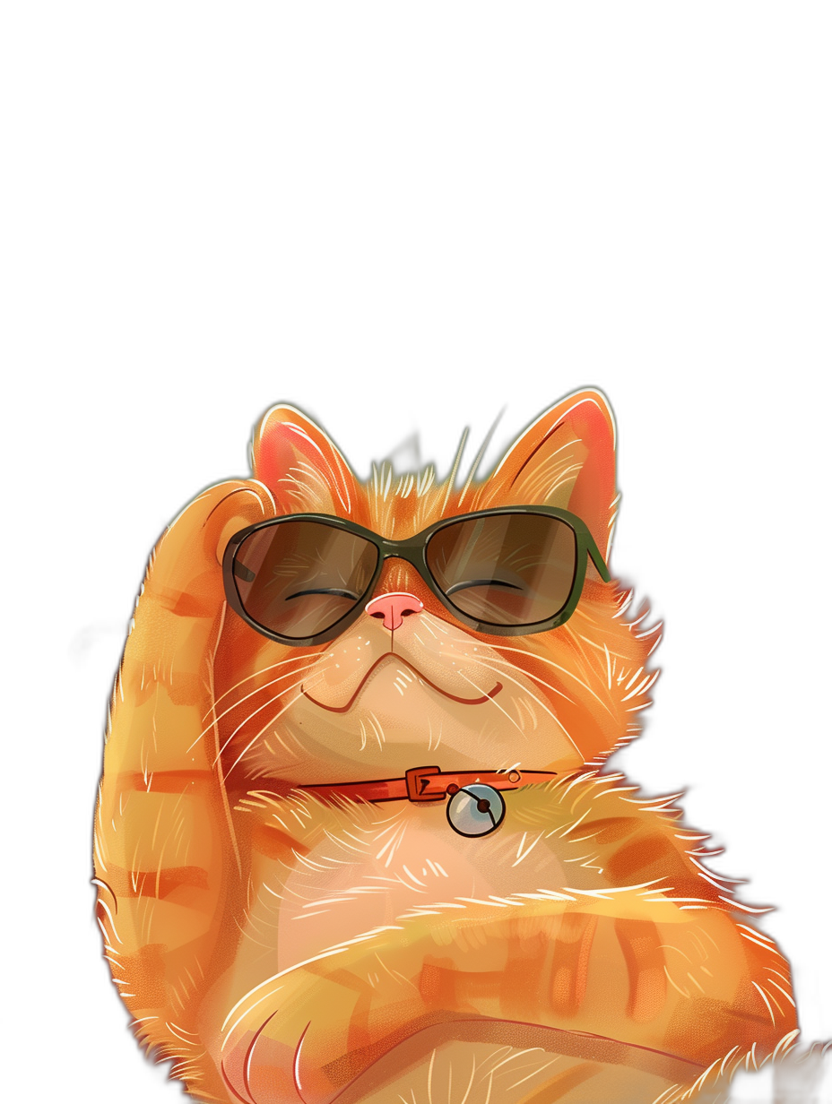 A digital illustration of an orange cat wearing sunglasses in the style of a cartoon, cute and funny, with a simple black background and warm color tone, portrayed from a portrait view.