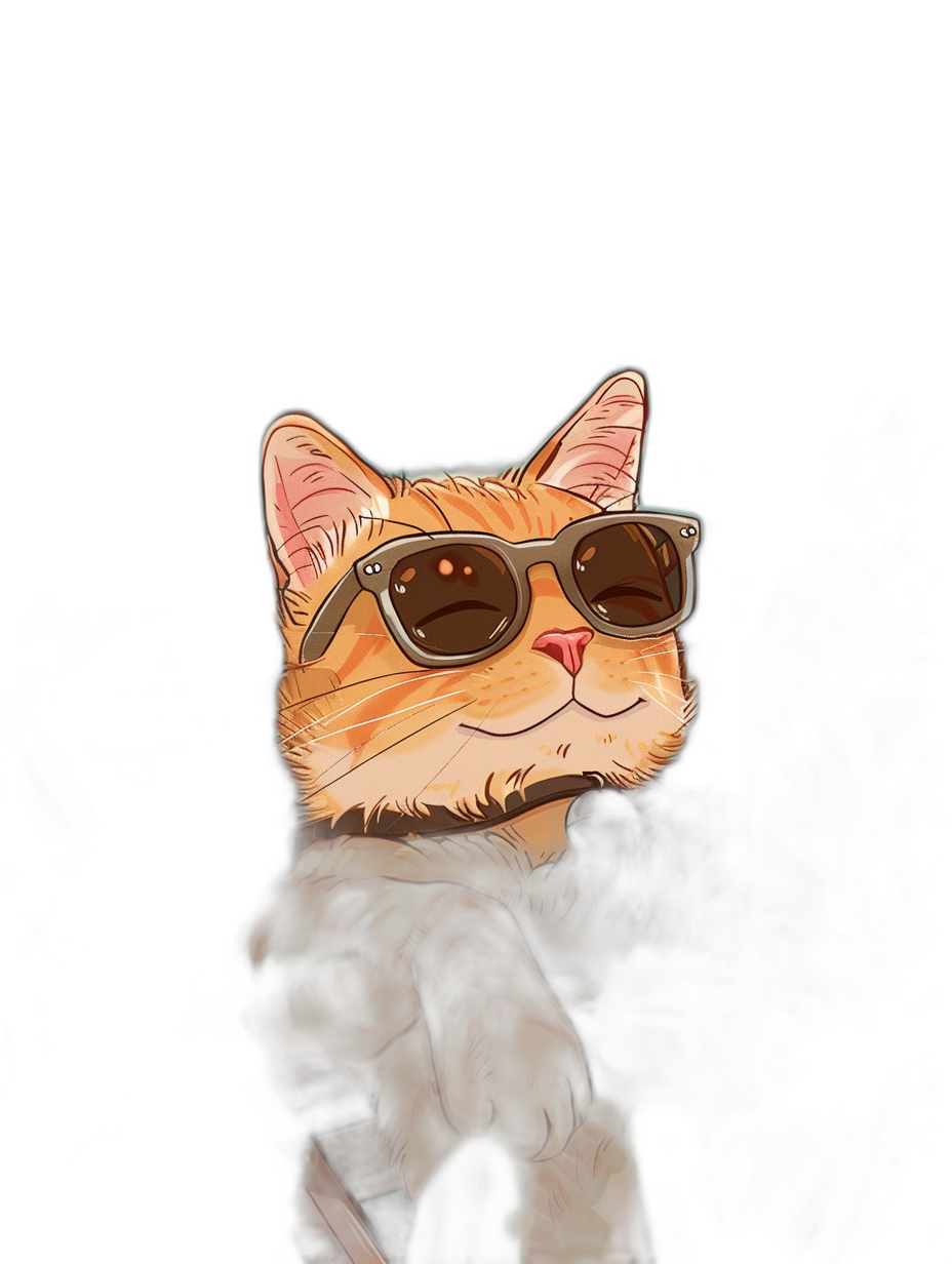 digital art of a cool and fat orange cat, the character is wearing sunglasses against a black background in the style of minimalism with a chill smile and cute pose holding a cigarette.