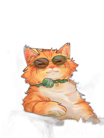 digital art of a cute and fat orange cat, wearing sunglasses with a green band and a collar that has "Lifelike" written on it in white color, against a black background, with a chill vibe, smiling in a funny way.