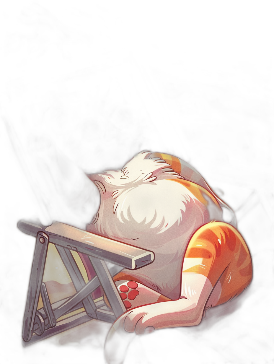 A white and orange cat sleeping on an ironing board against a black background, in the cartoon style, digital art in the style of [Studio Ghibli](https://goo.gl/search?artist%20Studio%20Ghibli), colorful 2D game art like Genshin Impact, a colorful cartoon illustration, a flat comic sketch in the graphic novel style, with bold lines and bright colors, a full body portrait.