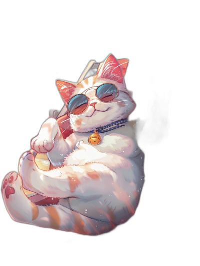 A chubby cat with sunglasses and a collar, smiling happily sitting on its back legs, in the style of cute anime, pure black background, white body, pink facial hair, cute expression, high definition.