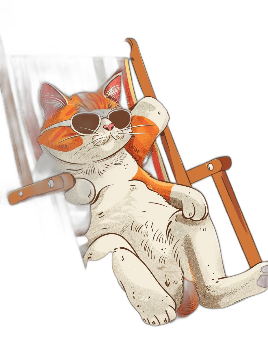 t-shirt design, white and orange cat with sunglasses lying on the deck chair in beach , black background, detailed drawing style like marvel comics