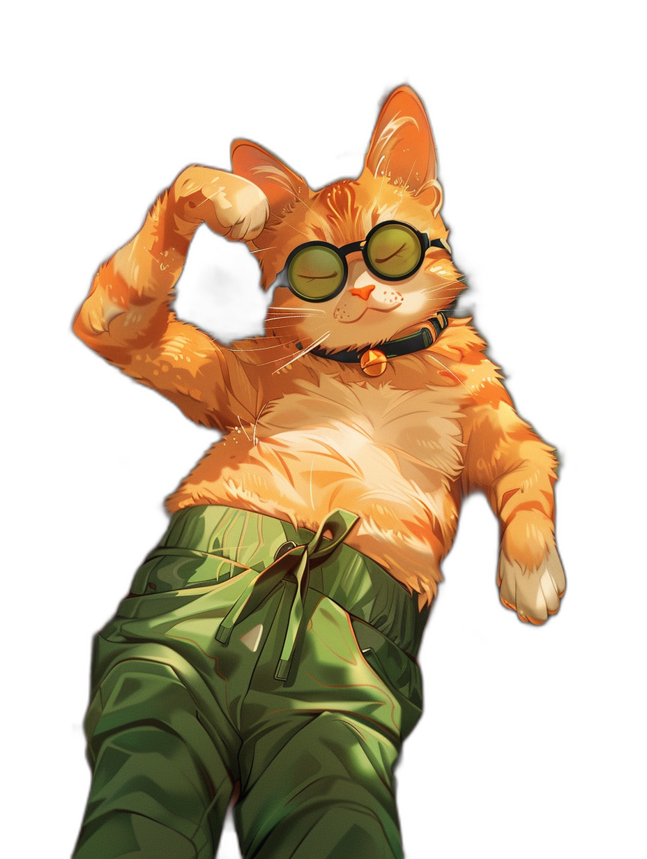 A full body illustration of an orange cat with round glasses and green pants doing the shoryuken pose in the style of digital art, black background, cute character design in the anime aesthetic style.