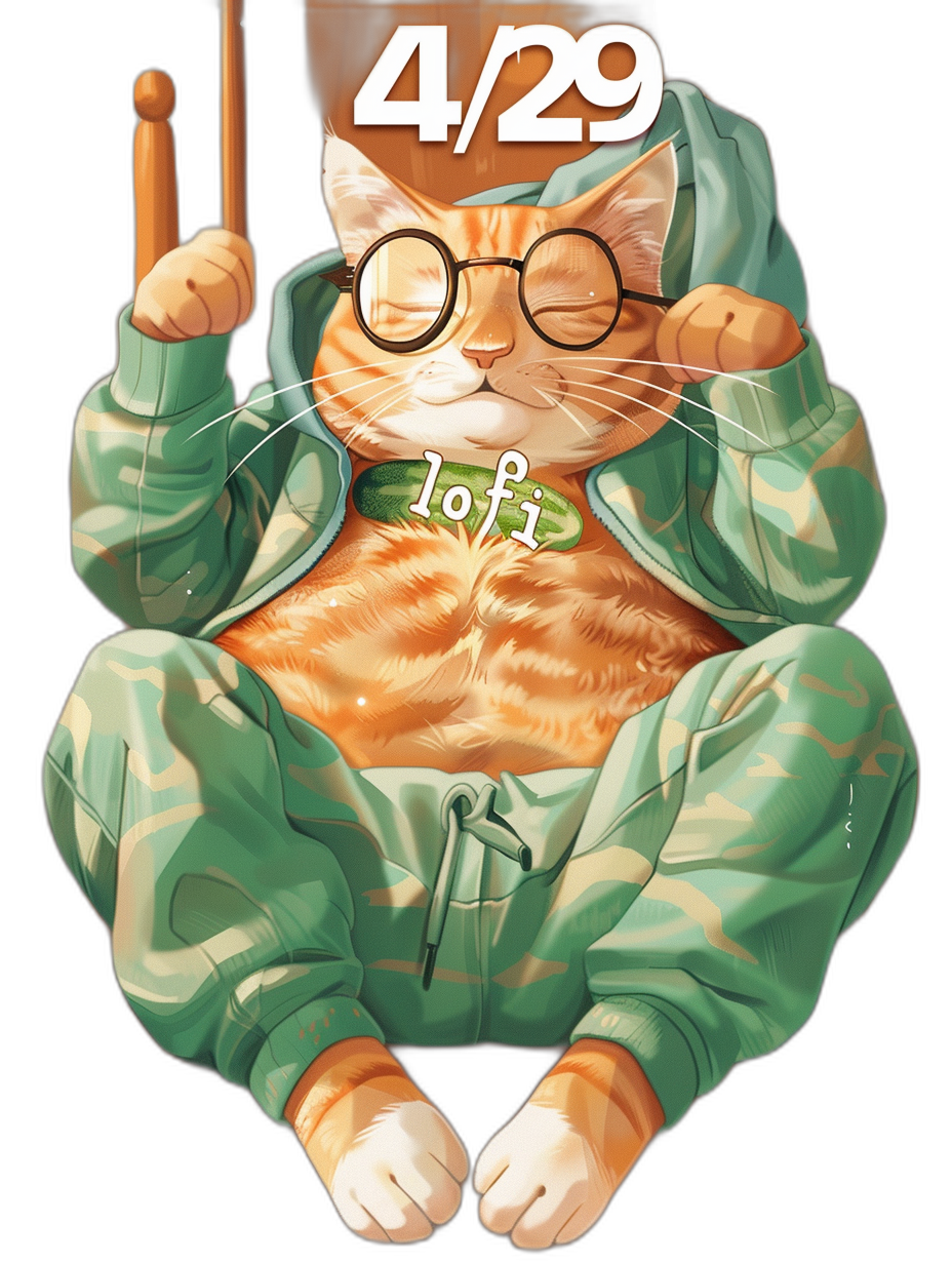 A happy orange cat with glasses and drumsticks in his paws, wearing an oversized green hoodie that says “4/29 Lofi”, vector art, black background, 300 dpi resolution