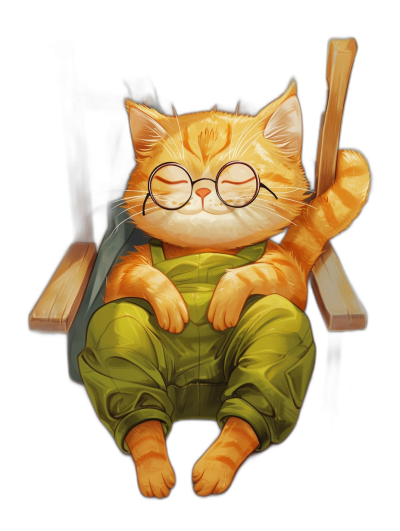 A cute orange cat with glasses, dressed in green overalls and slippers is sleeping on the chair. It has round eyes, short hair, warm colors, and a black background. The illustration style features cartoon illustrations, with high-definition resolution, detailed details, bright light, and bright colors.