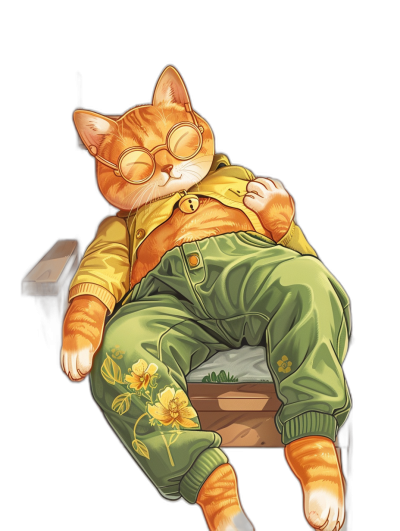 A cute orange cat, wearing glasses and green overalls with yellow flowers on them, is lying down sleeping in the style of an anime illustration. The background color should be black. Full body portrait. In a cartoon vector art form. It has a high resolution. This character's design will include  details.