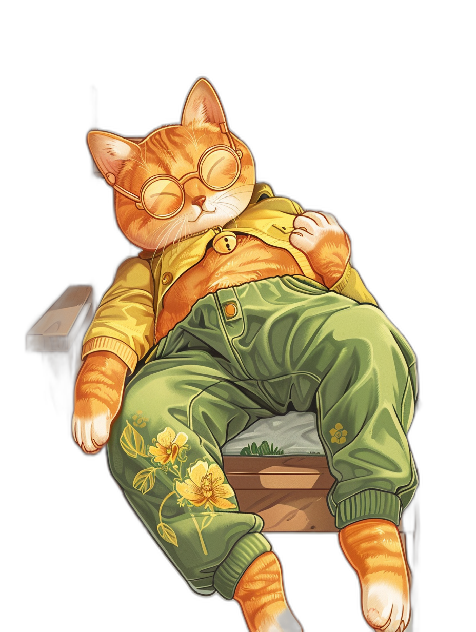 A cute orange cat, wearing glasses and green overalls with yellow flowers on them, is lying down sleeping in the style of an anime illustration. The background color should be black. Full body portrait. In a cartoon vector art form. It has a high resolution. This character’s design will include  details.