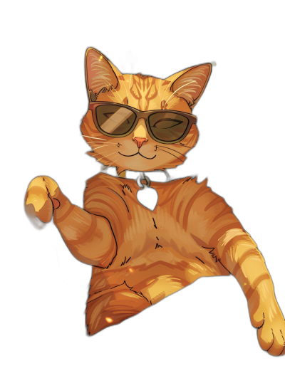 A cartoon drawing of an orange cat wearing sunglasses and doing the peace sign with its paw on a black background in the vector art style, detailed, cute, showing the full body, high resolution, without shadows, no text in the picture, no cut off parts, no outline, in the style of a professional t-shirt designer, in the style of a professional graphic designer, in the style of a professional artist, with no watermarks or text in the photo.