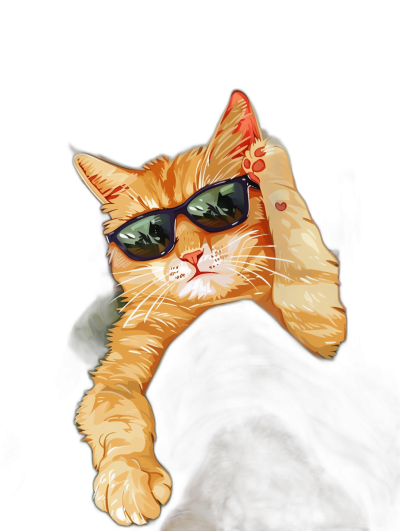 digital art of cool and fat orange cat , the wearing sunglasses with black background, holding his head on one hand to smooth out hair that has sticks up in digital painting style