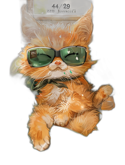 digital art of a cool and fat orange kitten, wearing sunglasses on a black background with "4/29" text on it, holding a phone with the screen facing the viewer which shows a photo that was taken in the style of the cat's owner of the cute kitten wearing a green scarf around his neck and there also being some water drops around him, in the style of a digital painting with soft color blending, high resolution, and high detail