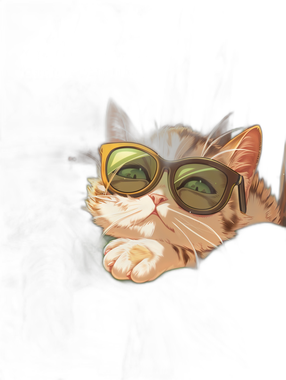 digital art of cute kitten , wear sunglasses, in the dark room with black background and light from window, chill lofi style