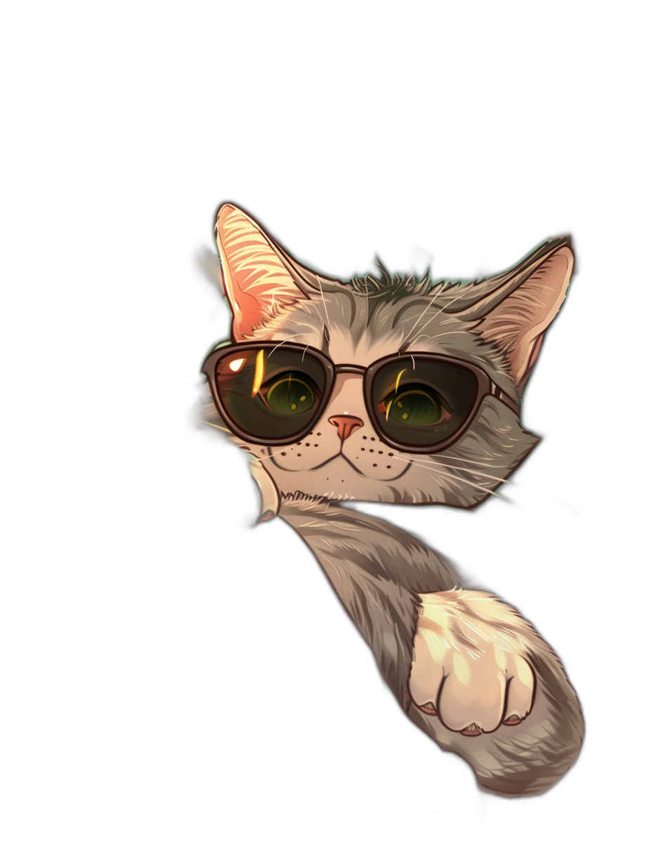 digital art of a cute kitten, wearing sunglasses, with long fur and a chill, funny expression, hand holding behind its back against a black background, in the minimal style of a simple, bright colored, high quality cartoon sketch.