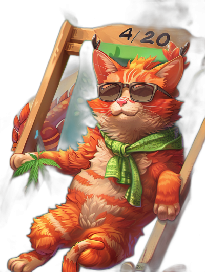 A cute orange cat with a green scarf and glasses sitting on a beach chair, holding a marijuana joint in his paw. The background is black. In the top right corner of the card there is "4/20". Cartoon style. DND magic effect. Illustration in the style of Joseph Christian Leyendecker.