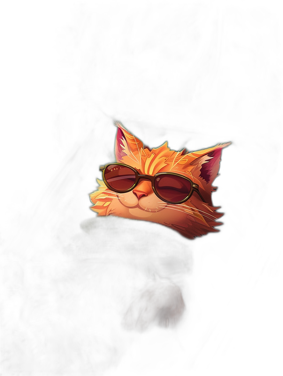 Illustration of the cute and happy ginger cat, wearing sunglasses against a dark background. The full body image shows the cat tilting its head to one side, wearing a black scarf in the style of League of Legends. The art is in a high resolution, HD style from ArtStation.