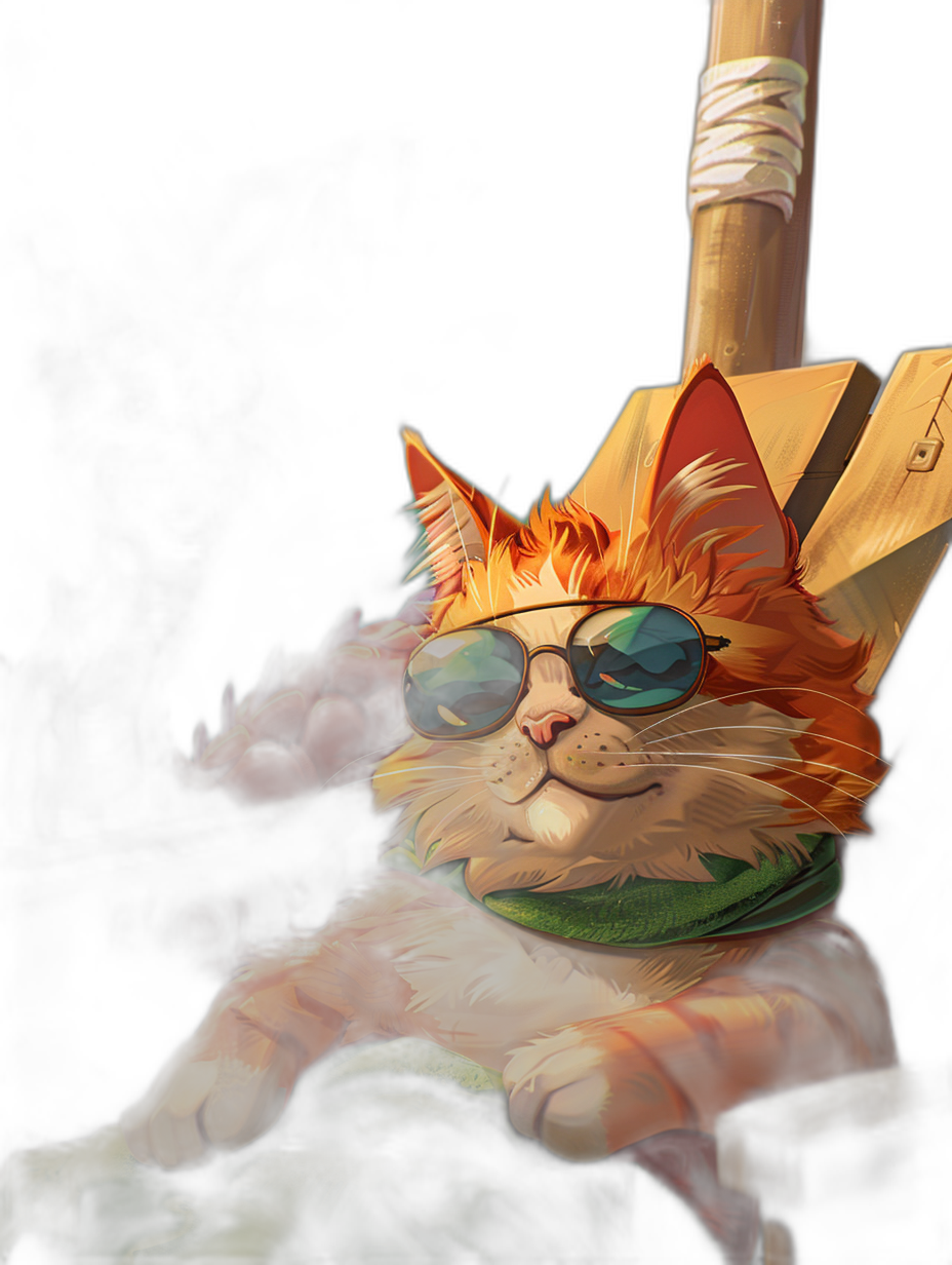 Gangplank from League of Legends as an orange and white cat with sunglasses, sitting on his wooden chair against a dark background, in the style of digital art.