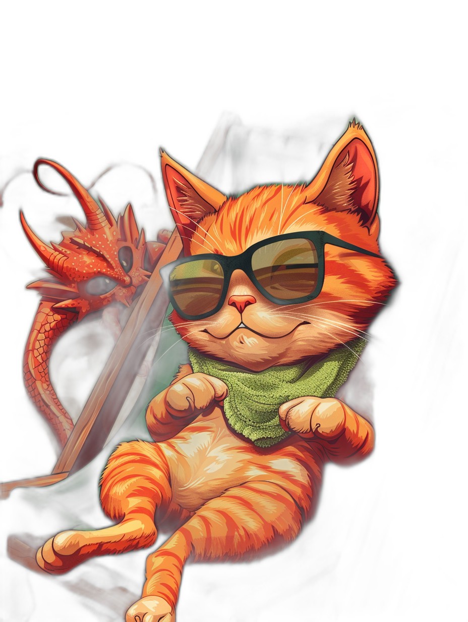 digital art of cool and fat orange cat , wear sunglasses with green scarf, sit on the chair , black background , there is red dragon behind me , chill,,in