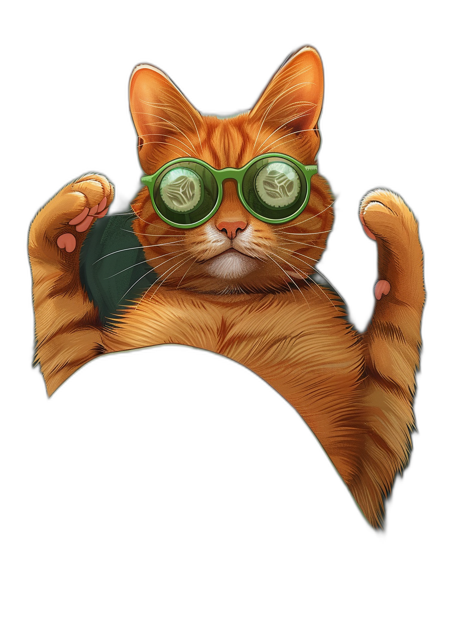 t-shirt design, Cool Orange Cat with green glasses showing his two paws up, black background, vector art style, detailed illustration, high resolution, no shadows on the sides of the canvas