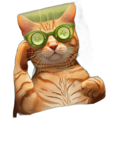 digital art illustration of an orange cat wearing green glasses with cucumber slice on eyes, sitting in dark room and holding up his paw to high five, cute