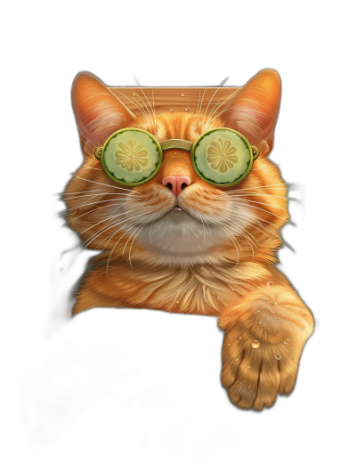 digital art of a cute and fat orange cat wearing a cucumber mask, holding a black wall with a chill smile and full body portrait view in frame, one hand on the side of its face in the style of wearing sunglasses against a black background.