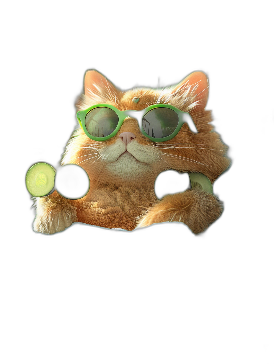 A cute orange cat with green sunglasses is lying on the black background and holding a cucumber in its paws, in the style of a 3d illustration, in a sticker format.