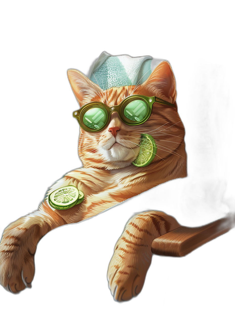 a funny illustration of an orange cat with lime green glasses and bandana lying on its back, enjoying the spa in black background, holding limes, wearing sunglasses, funny facial expression, side view, high resolution, high details, high quality, high sharpness, high contrast, full body portrait, digital art style