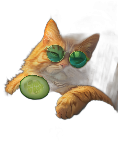 A ginger cat with sunglasses holding a cucumber, in the style of digital art on a black background, like a hyper realistic game item portrait headshot, with super resolution.