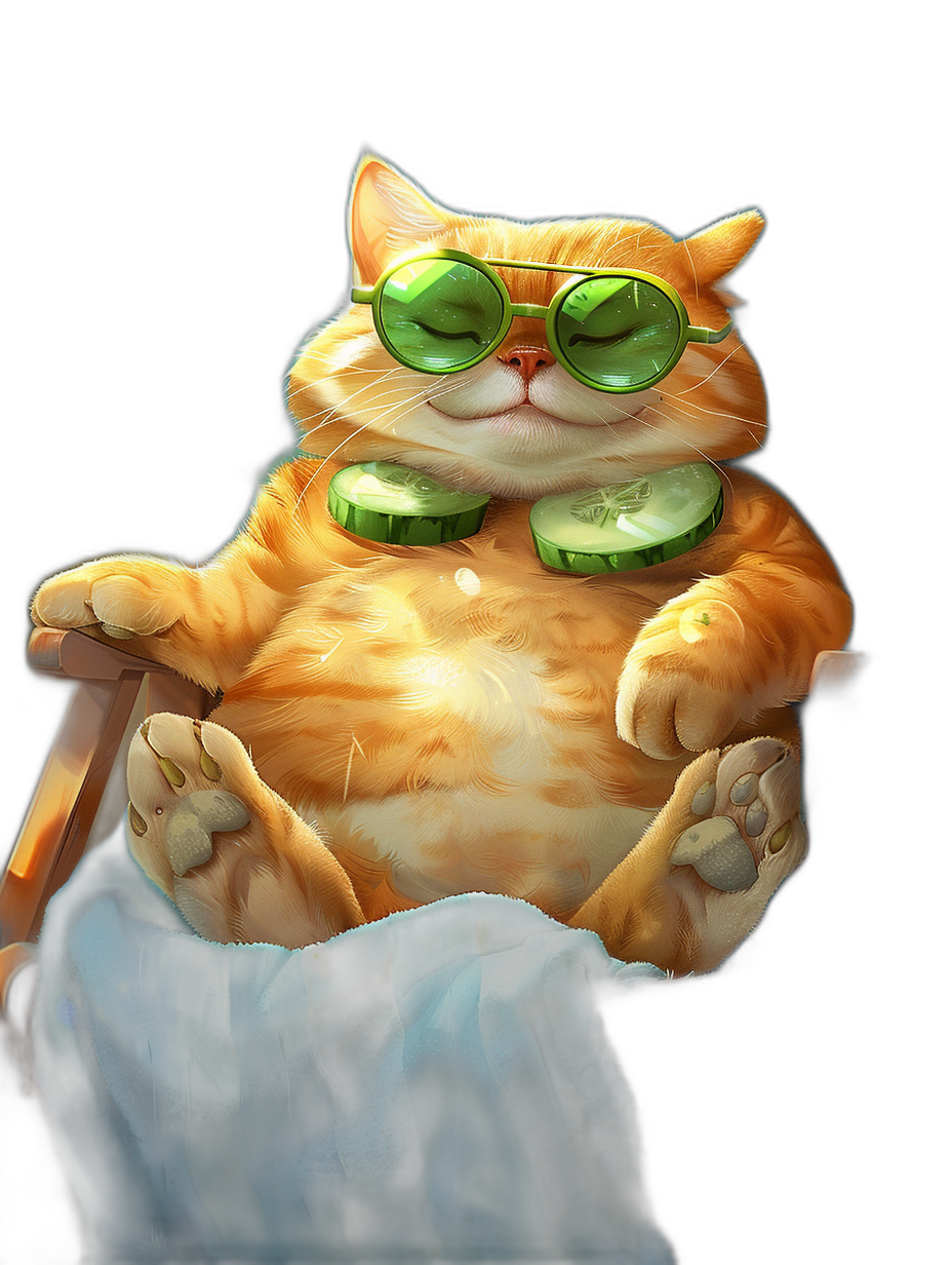 digital art of cute fat orange cat , wear sunglasses and blue shirt, sitting on the chair with cucumber in his belly , black background , chilling happy and funny