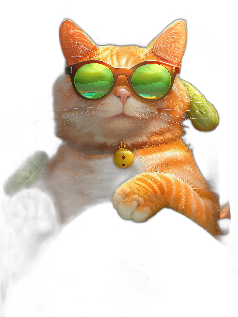 digital art of cute fat orange cat , wearing sunglasses with green lens and small yellow bell on neck, black background , chill expression , one paw hanging out from the frame, pastel color vibes